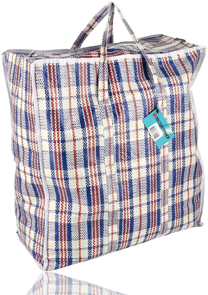 Opbergtas met Rits 45L – 1 Stuk Grote Opbergtas voor Kleding, Wasgoed en Beddengoed – Big Shopper – Boodschappentas met Rits – Verhuistas – 45 x 50 x 20 cm – Blauw Wit Rood