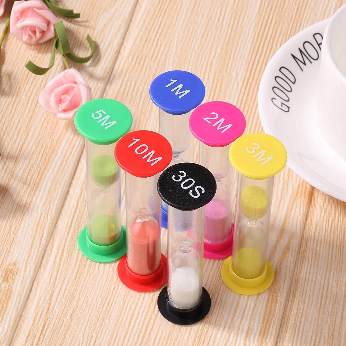 SnelShoppen - Zandloper Set - 6 Stuks - 30sec, 1min, 2min, 3min, 5min, 10min - Plastic & Glas - Tijdbeheer voor Kinderen - Speel- en Leeractiviteit
