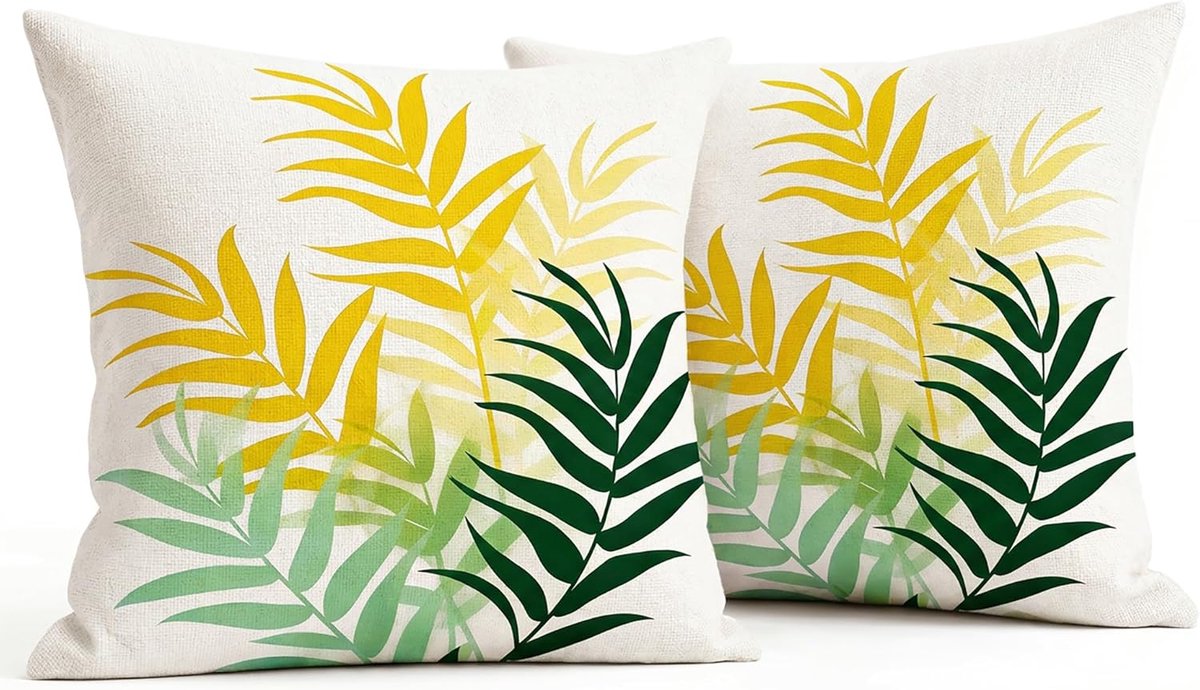 SnelShoppen - Set van 2 Gele Weerbestendige Buiten Kussenhoezen 50x50 cm, Dubbelzijdig Bladerenpatroon, Moderne Decoratieve Kussens voor Tuin, Balkon,