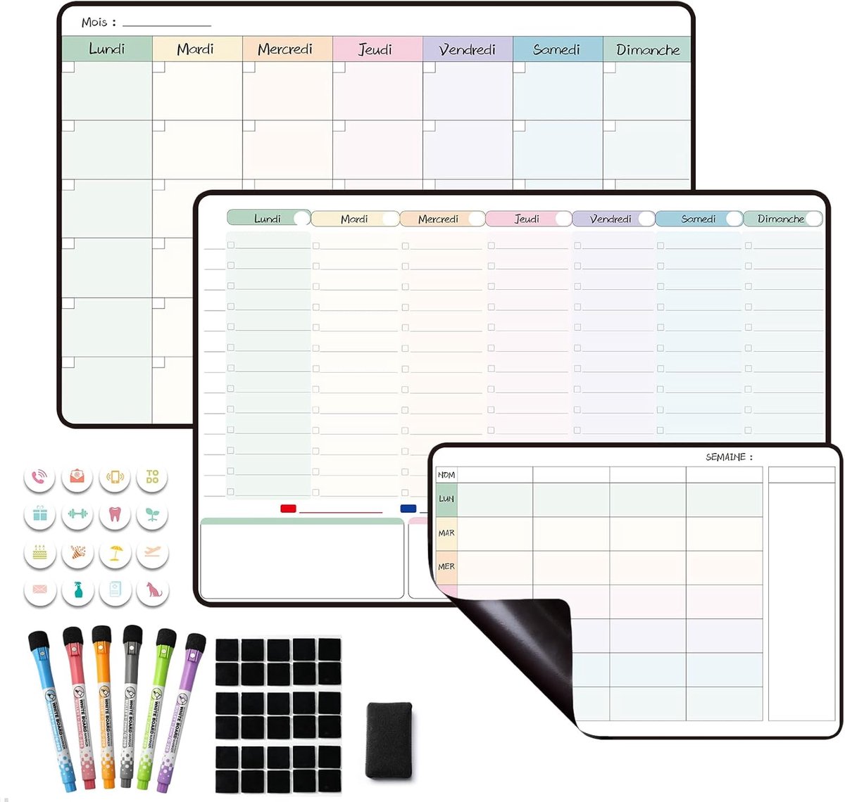 SnelShoppen - Magnetische Weekplanner voor Koelkast, Erasable Maand- en Menu Planner, Familiekalender, Organiser, Timetable in het Frans, Ideaal voor