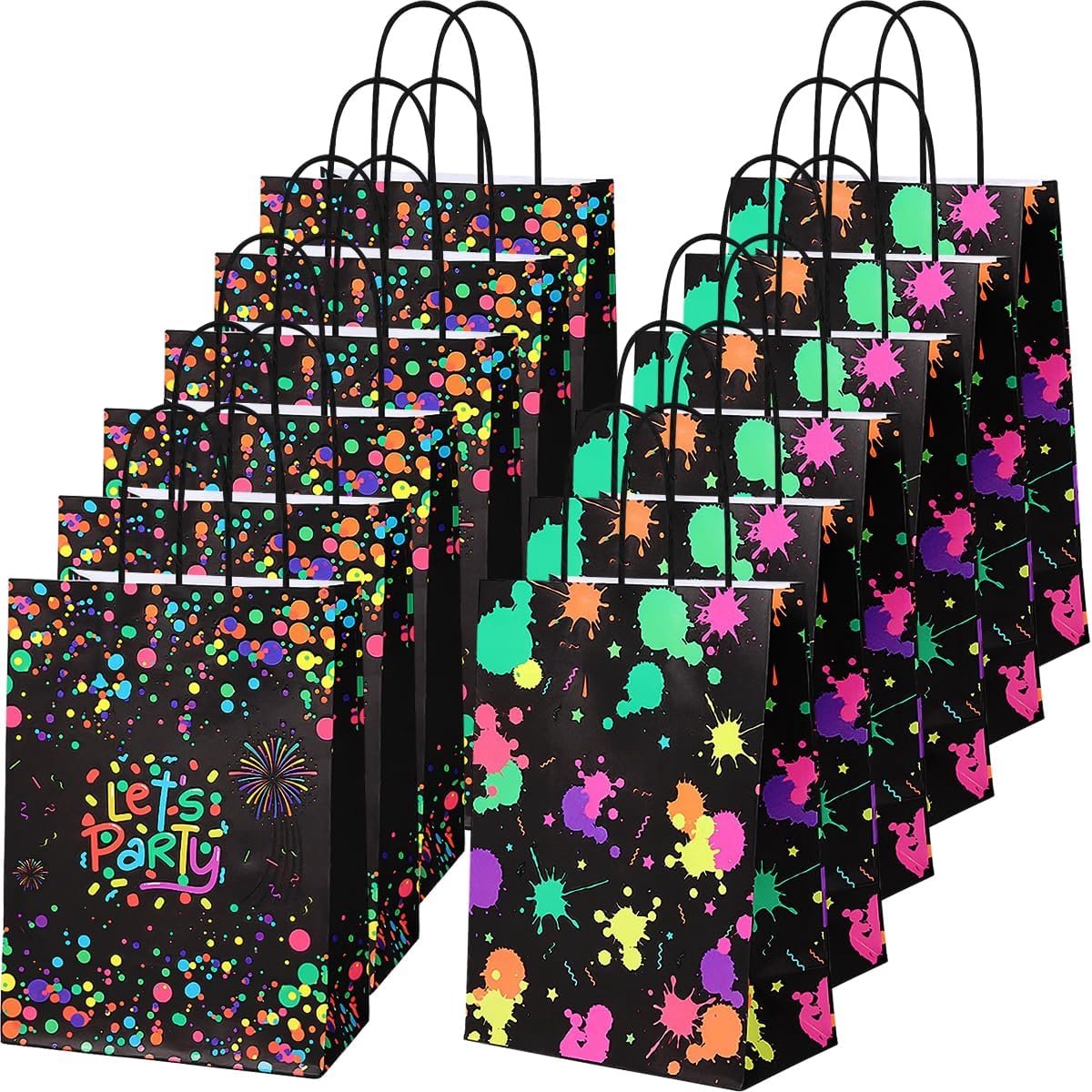 SnelShoppen - 12 Stuks Neon Cadeautassen met Handvatten, Donker Luminiserende Papieren Tassen voor Kinderfeestjes, Neon Carnavals Tassen 21 x 15 x 8 c