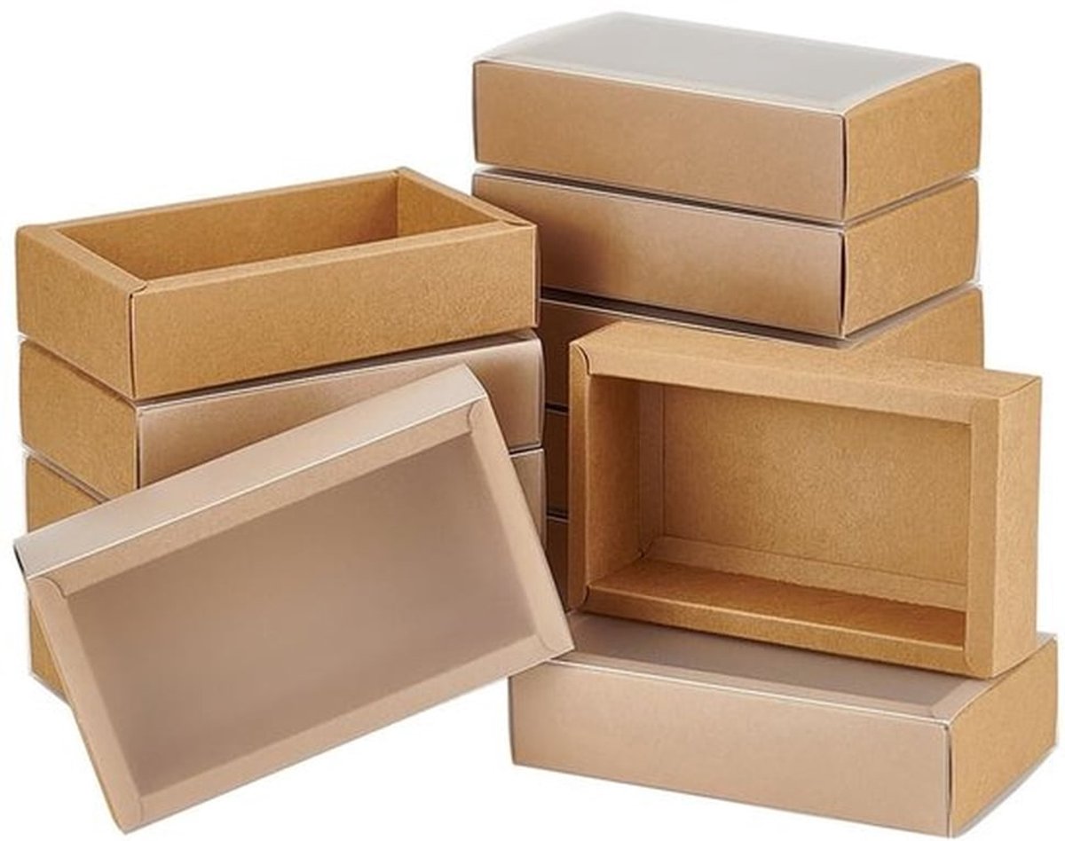 Geschenkdozen 12 stuks - Kraftpapier - Transparant deksel - Rechthoekig - 17 x 10 x 4 cm - Hoogwaardige verpakking - Bruin/Zwart - Cadeauverpakking