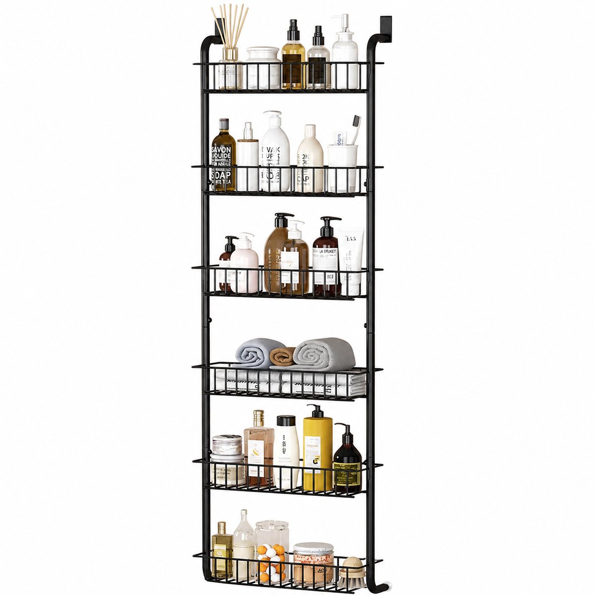 CORE Deur Organizer - 6-Laags Hangend Opbergrek voor Pantrydeur - Metalen Opbergrek voor Kruiden, Voorraad en Keukenaccessoires - Ruimtebesparende Deurhanger - Geschikt voor Keuken, Pantry, Bijkeuken, Badkamer en Berging - 39x160 - Zwart