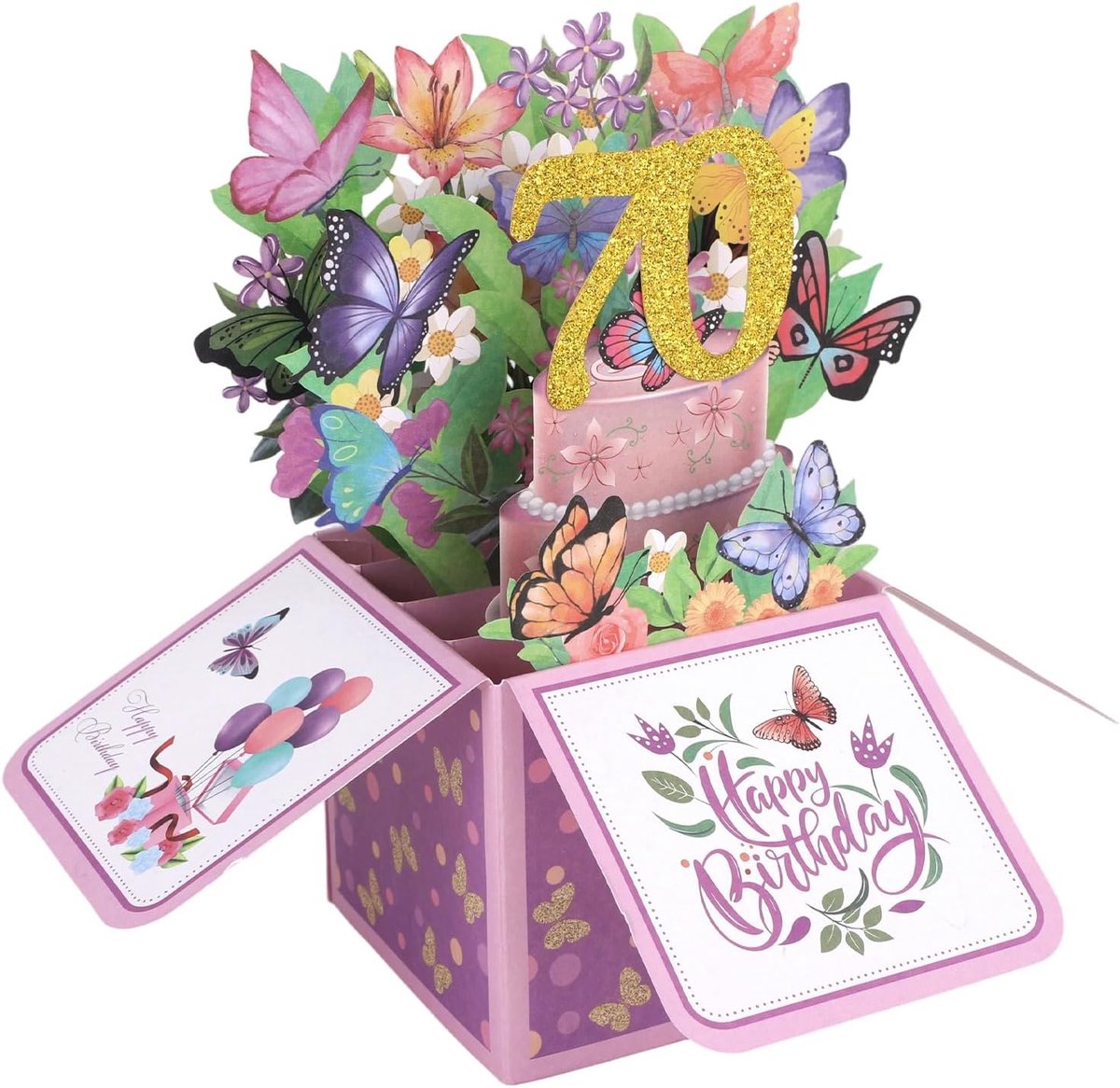 SnelShoppen - Pop-Up Kaart voor 70ste Verjaardag, 3D Bloemen & Vlinder, Gelukkige Verjaardag Kaart met Envelop voor Vrouwen, Moeders en Zussen