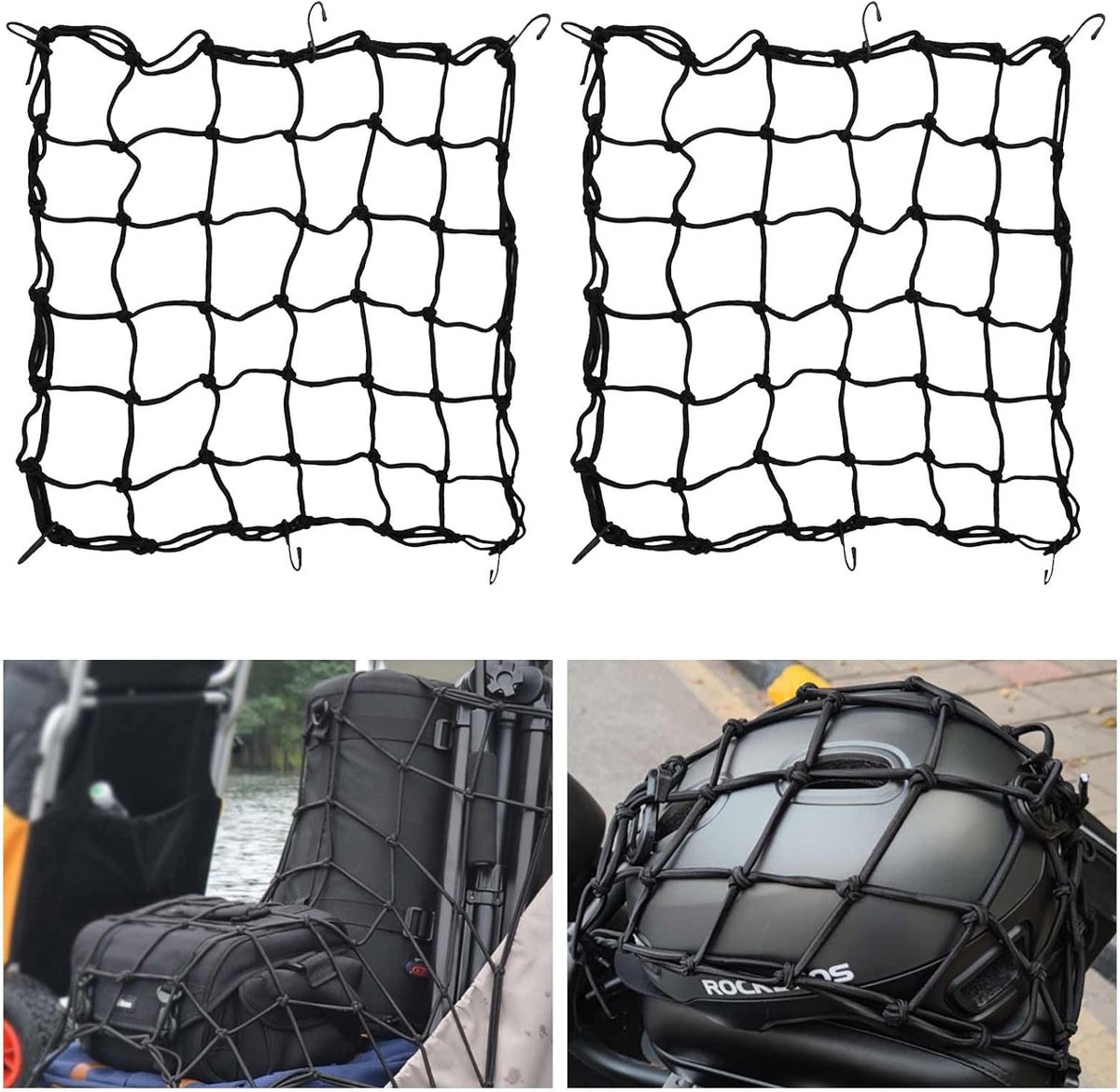 SnelShoppen - 2x Motorfiets Bagagenet - Elastisch Net 50x50 cm - Hoogwaardige Nylon - Inclusief Haken voor Motoren en Fietsen - Veiligheidsoplossing v