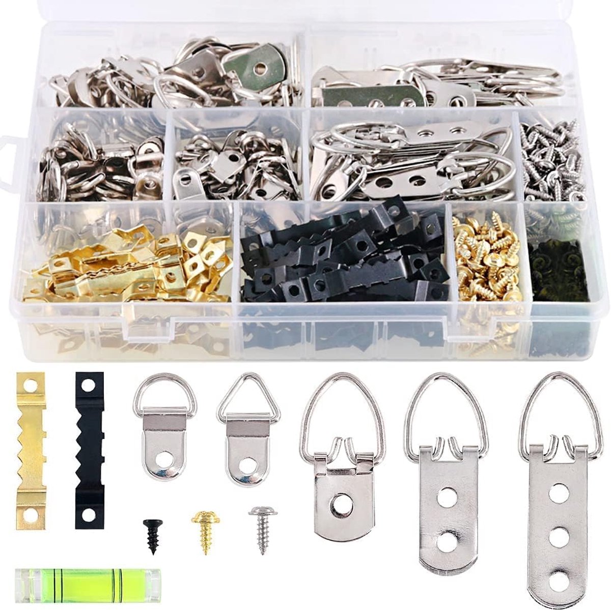 SnelShoppen - 601-delige Heavy Duty Foto Hangers Kit met Mini Waterpas, Diverse Bevestigingshaken, Schroeven en Opbergdoos voor Thuis en Kantoor - 7 M