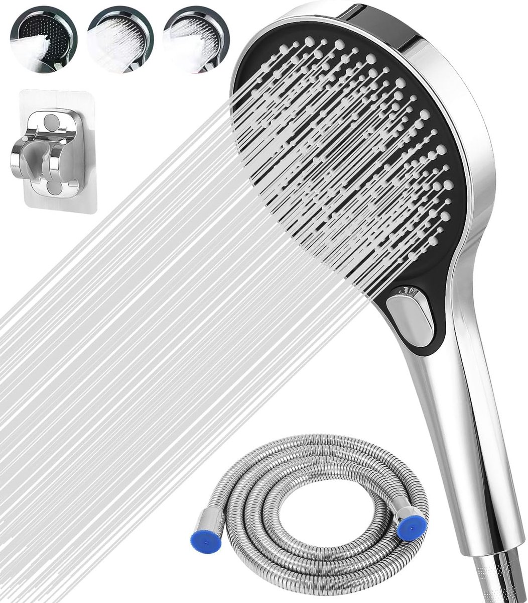 SnelShoppen - Handdouche met 1.5 m Slang, Hoogdrukshowermondstuk met 3 Spraystanden, Ronde Douchestraal (130 mm), Waterbesparende Douchekop voor Thuis