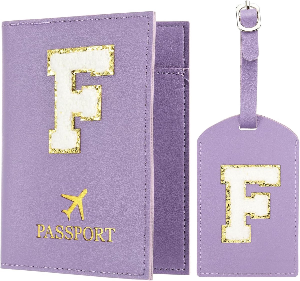 SnelShoppen - Lila Passport Holder en Luggage Tag Set - PU Reisdocumentenhouder met Chenille Letter Patch - Reizen, Vakantie, Veilig en Stijlvol
