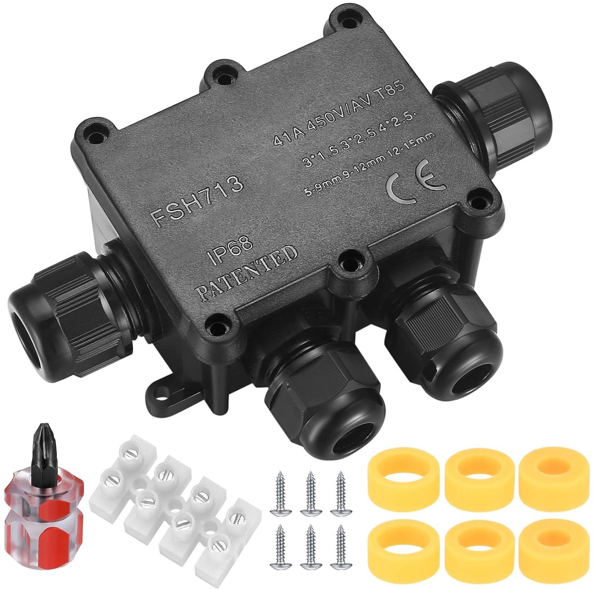 SnelShoppen - Waterdichte aansluitdoos IP68, Buiten aansluitdoos, Zwarte 4-weg kabeldoorvoer, Inclusief schroevendraaier, 2 x Ø4-9mm, 2 x Ø9-14mm