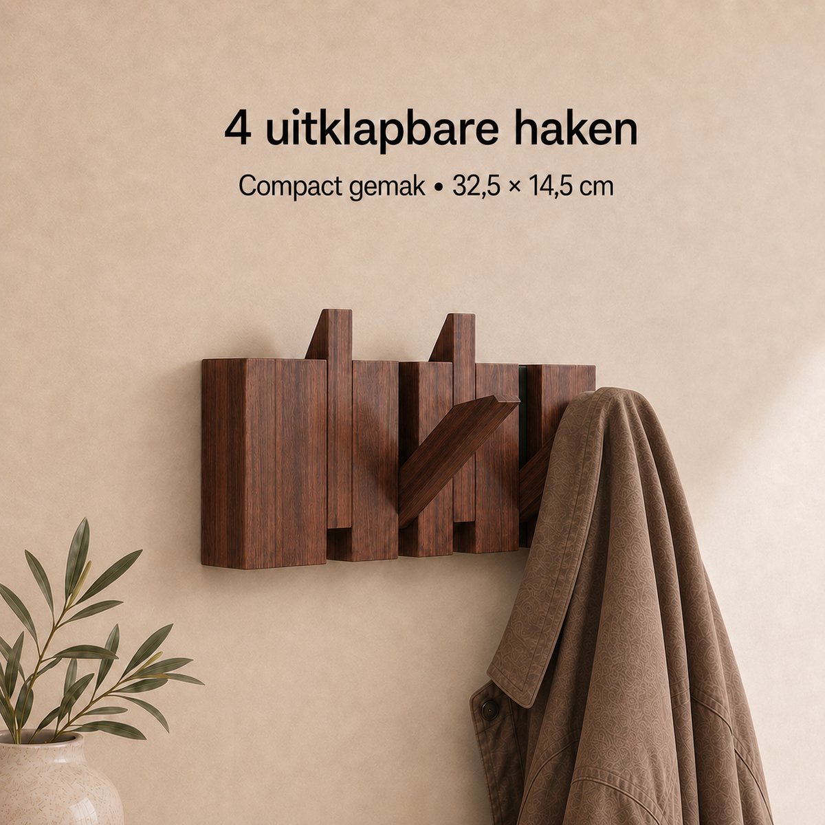 Zirkle Piano Wandkapstok – 4 Haken – 32,5 × 14,5 cm – Massief Houten Kapstok met Uitklapbare Kledinghaken – Ruimtebesparende Muurkapstok voor Jassen, Tassen, Sjaals en Handdoeken – Voor de Hal, Entree, Slaapkamer, Badkamer en Kinderkamer en Kantoor