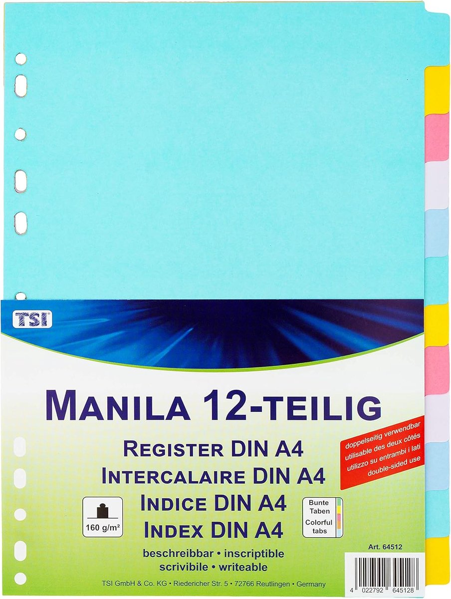 12x Gekleurde Scheidingsbladen Karton met Beschrijfbare Tabs voor A4 Mappen