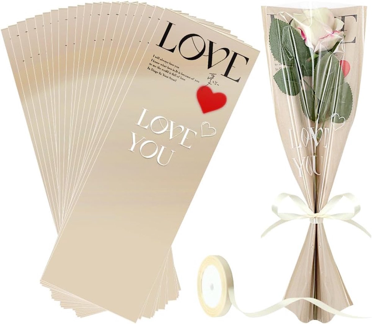 SnelShoppen - Single Rose Cover, 20 Stuks Plastic Bloemenzakken met Nude Neutral Kleur en LOVE, 15.7 x 5.5 Inch voor Bruiloft, Verjaardag, Valentijnsd