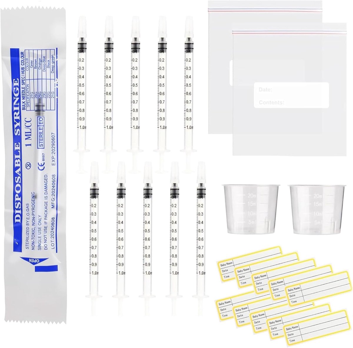 SnelShoppen - 30 stuks 1 ml injectiespuiten met spuitdoppen, 2 maatbekers van 20 ml, 2 afsluitbare zakjes en 30 etiketten voor colostrumoogst, lab, hu