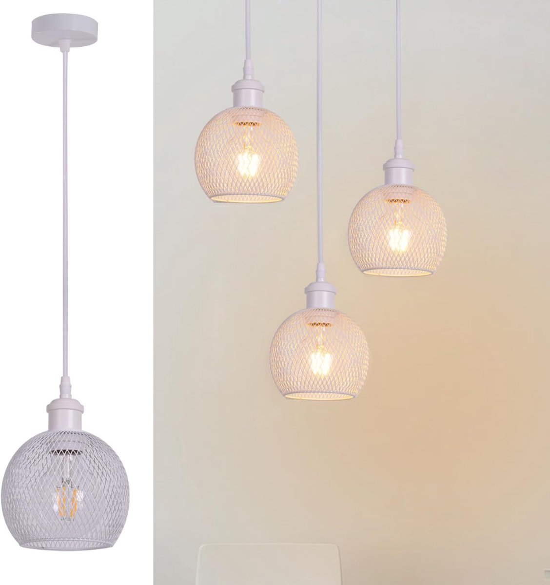 SnelShoppen - White Pendant Light - Industriële Moderne Plafondlamp - Rustieke Stijl Kooi Chandelier - E27 LED Lamp - Verstelbare Touwdecoratie voor K