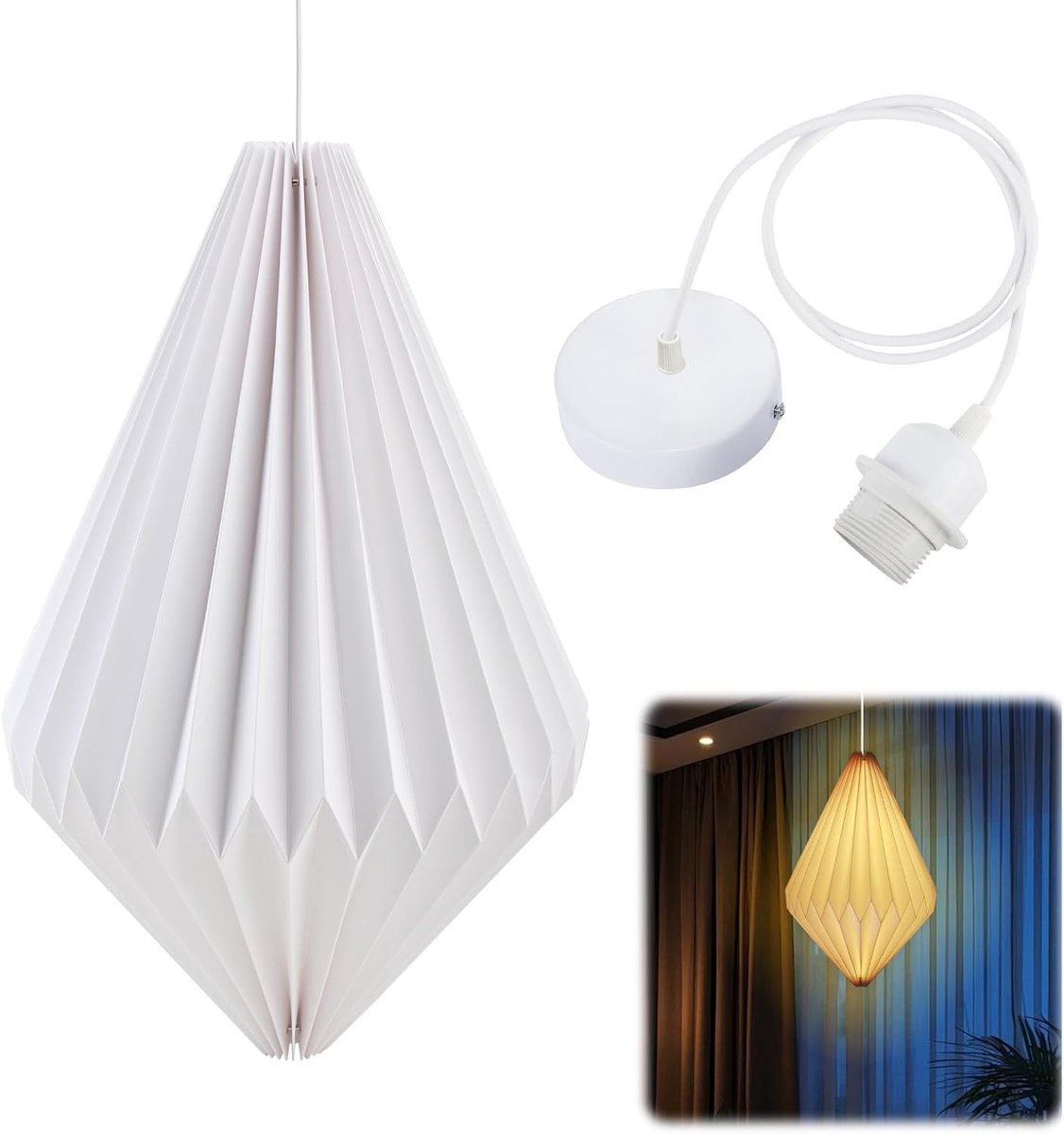 SnelShoppen - Lampenkap Papier Origami Hanglamp E27 Ø 33 cm Met Kabel - Scandinavisch Minimalistisch Design Voor Appartementen, Cafés, Studio's, Creat