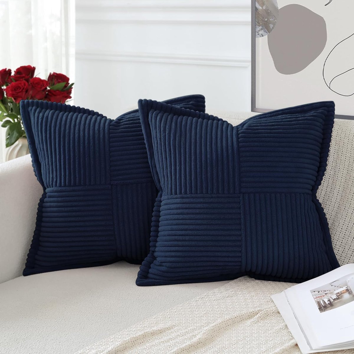 SnelShoppen - Set van 2 Corduroy Kussenhoezen 40x40cm - Modern Patchwork Design - Zacht en Comfortabel - Decoratieve Textuur - Navy Blauw voor Sofa en