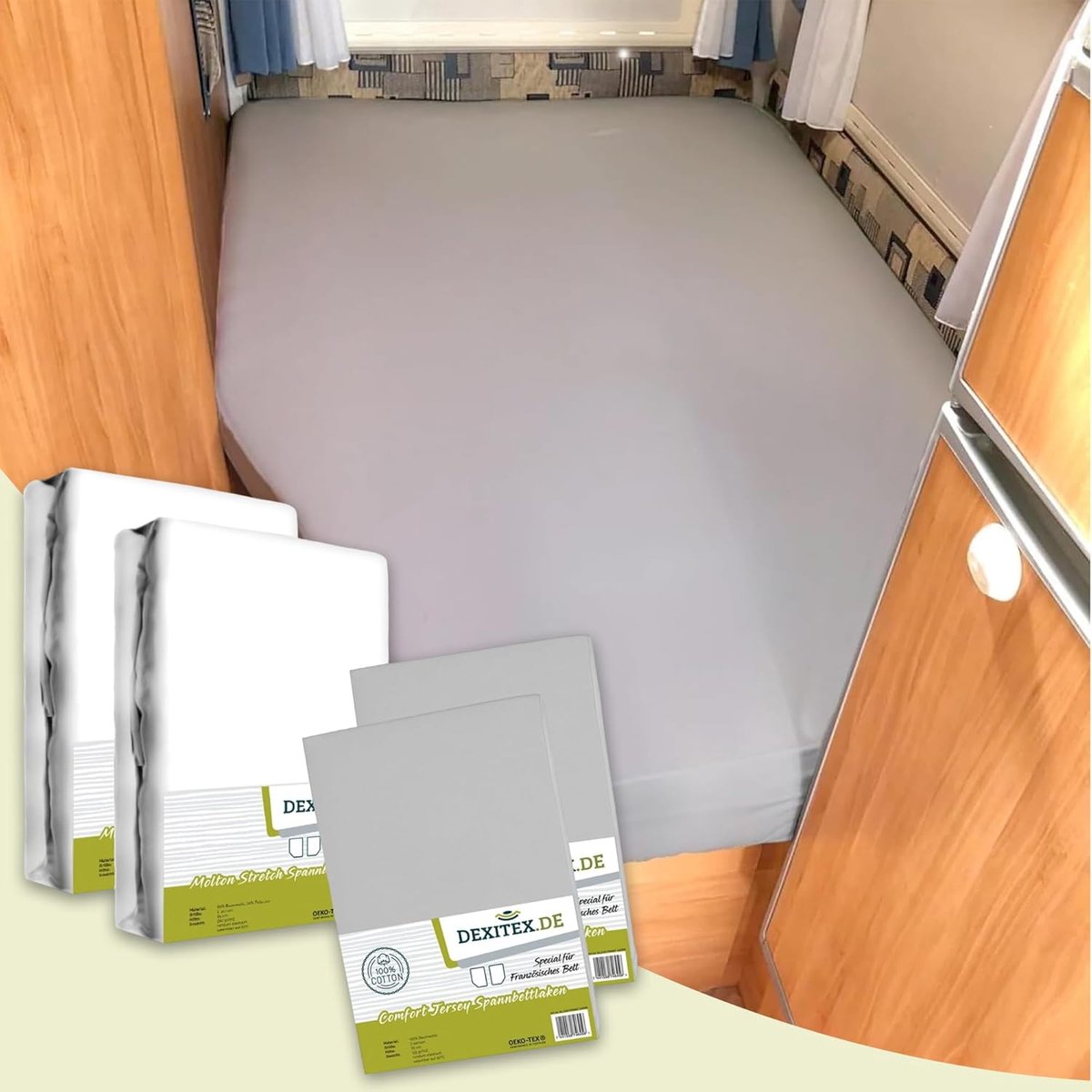 SnelShoppen - Hoeslakenset voor Campers - 2 Grijze Hoeslakens + 2 Molton-lakens - 130-160 cm x 200 cm - Oeko-TEX 100% Katoen - Perfect voor Caravanmat