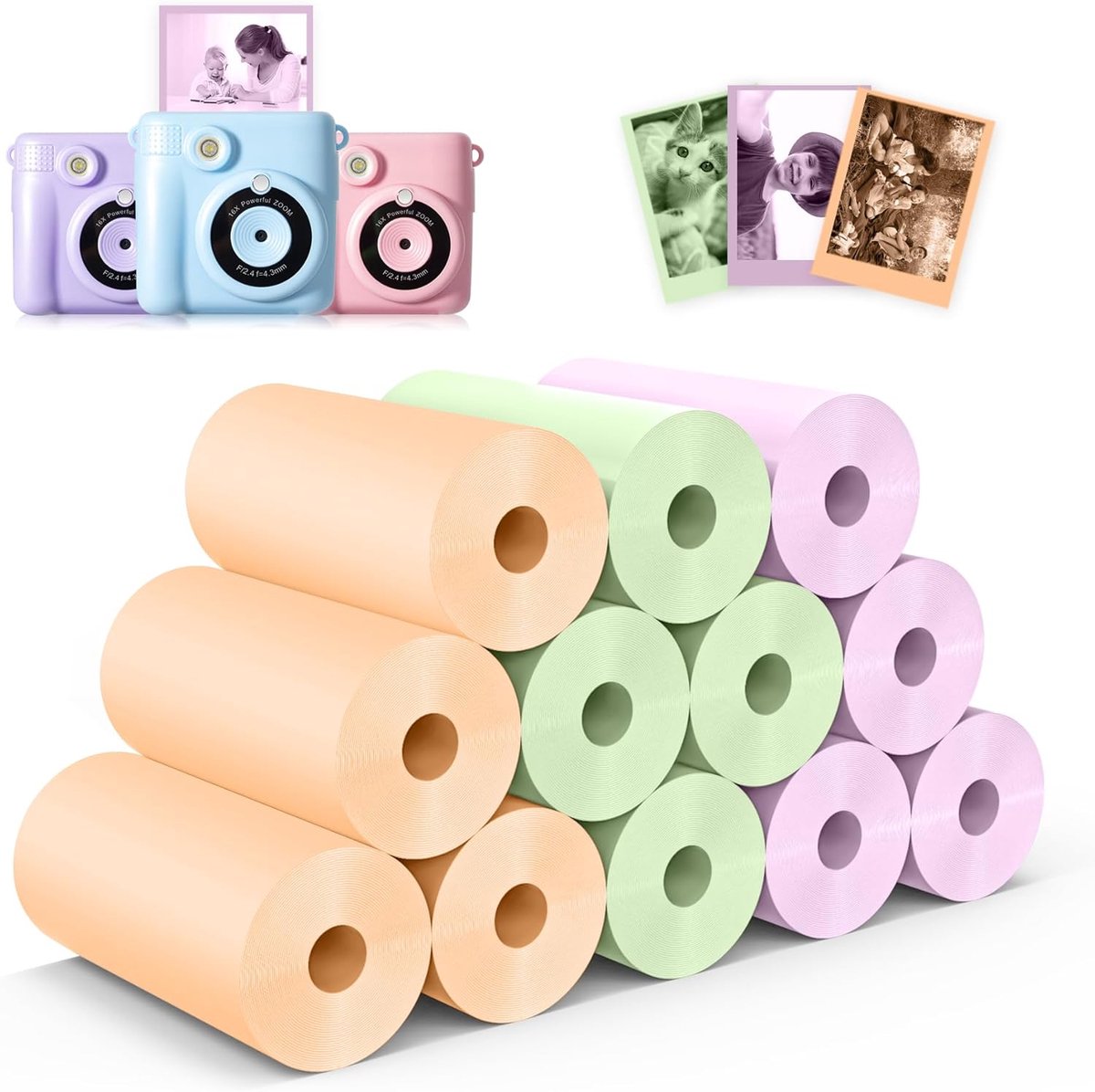 SnelShoppen - Kids Instant Camera Refill Printing Paper - 12 Rollen Kleurrijke Thermische Fotopapier - 5x20 ft, 75-90 Foto's per Rol - Geschikt voor K