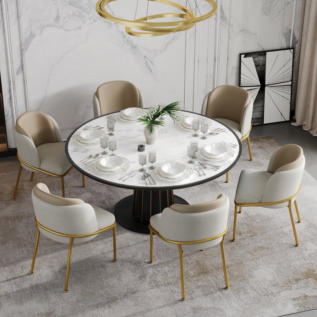 MODENUIT Eetkamerstoel 55 x 55 x 85 cm - Set Van 6 - Voor Eetkamer En Kantoor - Kunstleer Metaal Beige