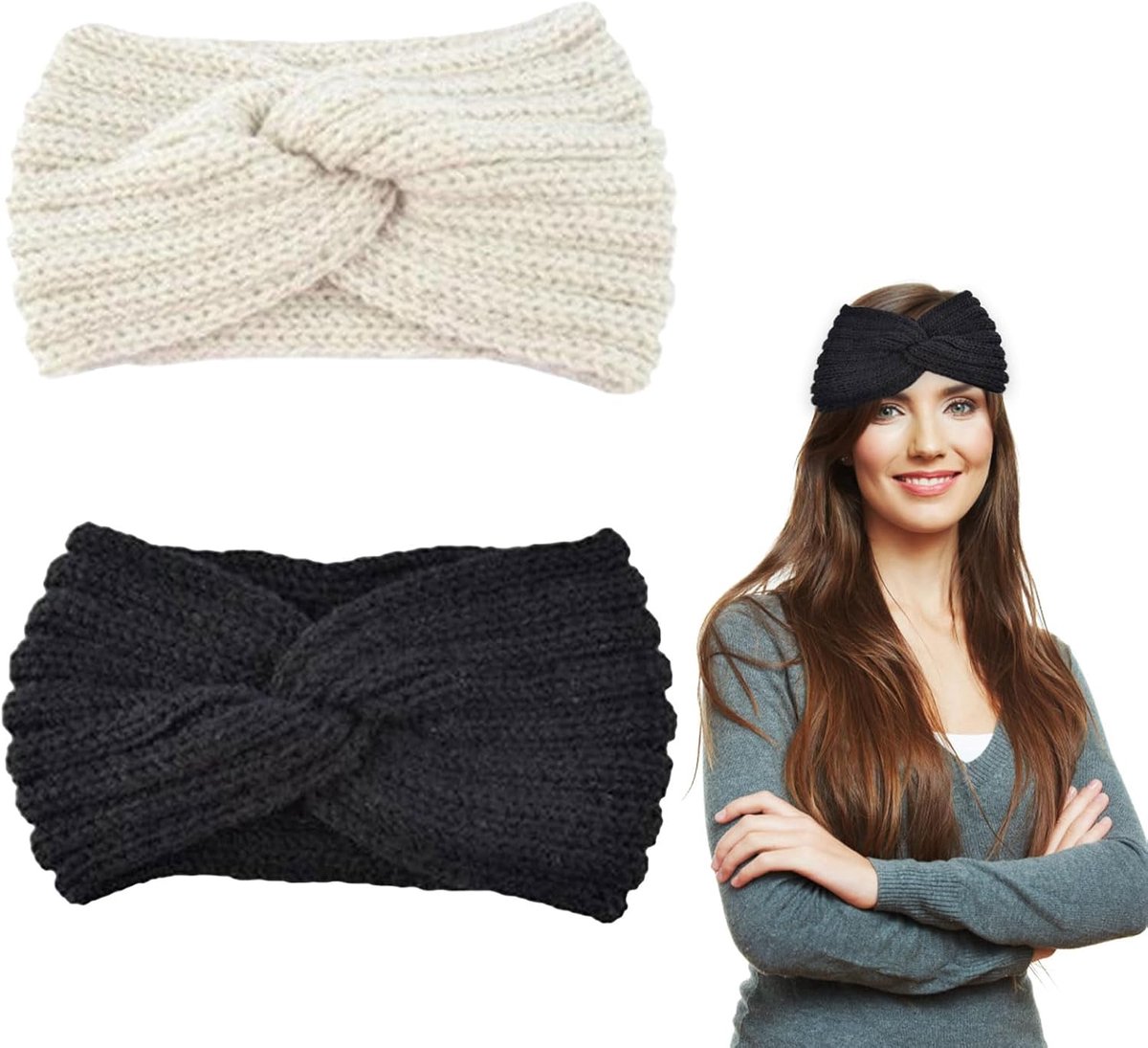 SnelShoppen - Pack van 2 Dames Winter Gehaakte Headbands - Zwart en Wit - Elastische Oorkappen voor Buiten Activiteiten - Skiën en Hardlopen