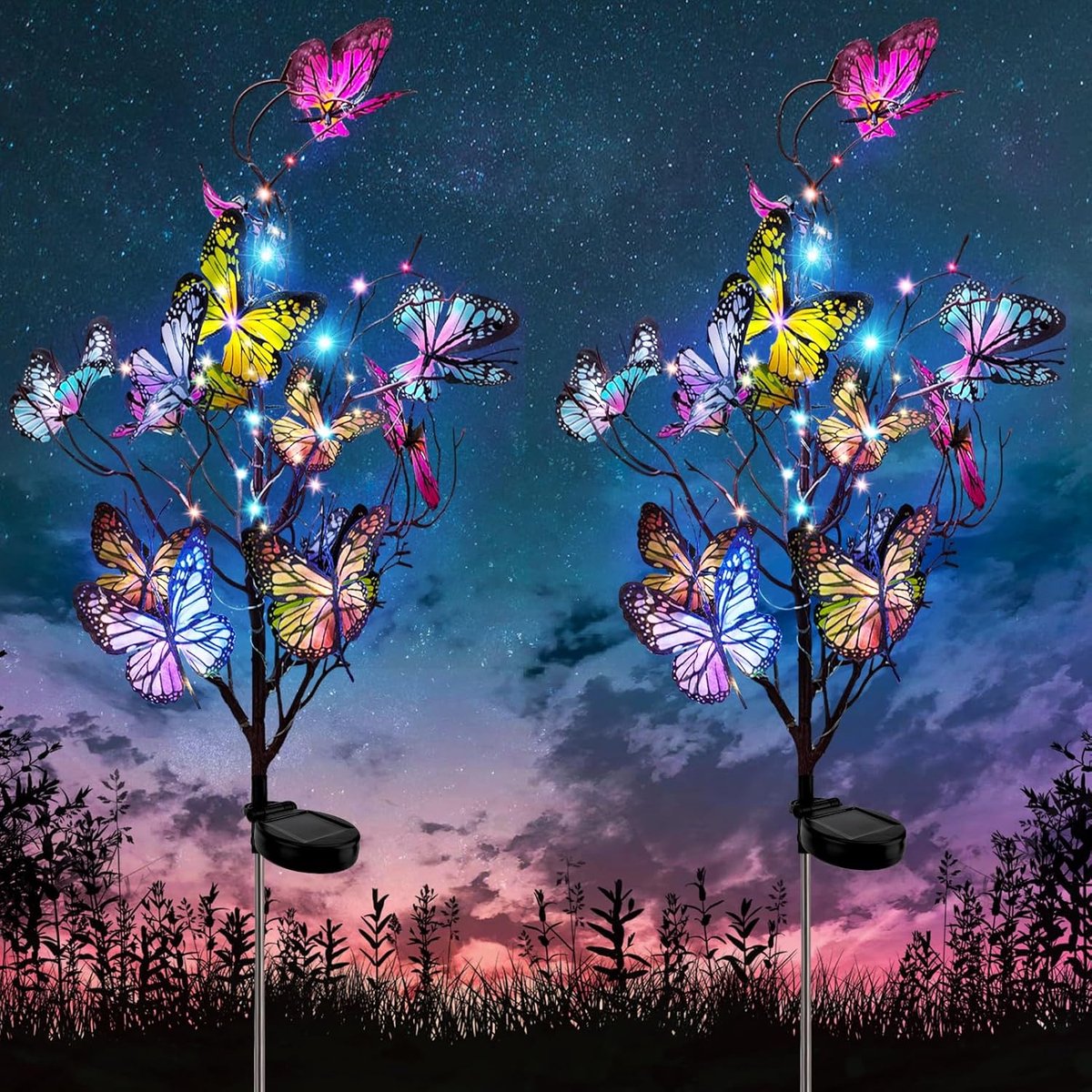 SnelShoppen - Solar Tuinverlichting 2 Stuks Vlinder LED Lichten Buiten, Kleurvolle Fairy Lights, IP65 Waterdicht, Voor Tuin, Pad, Balkon Decoratie