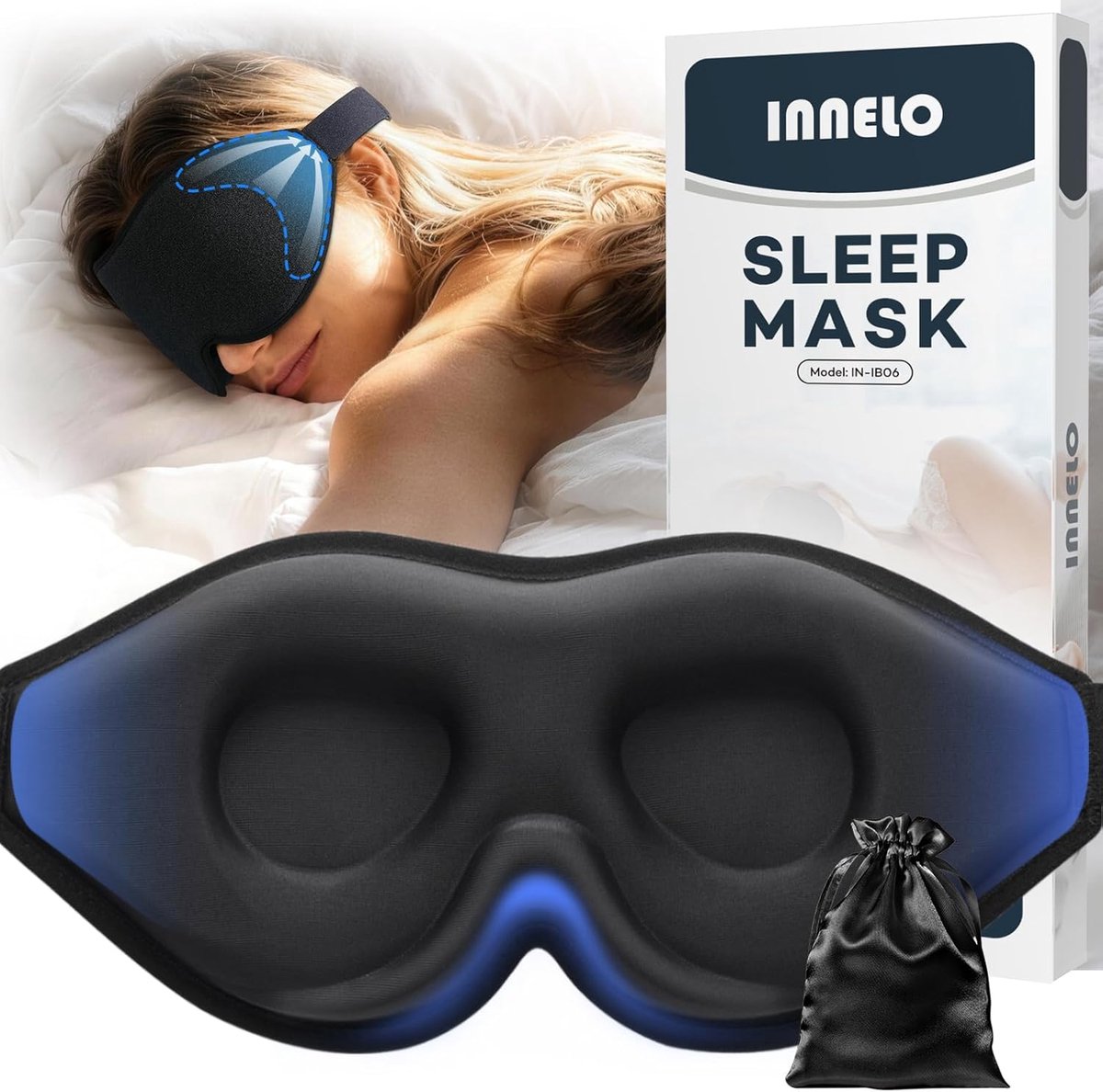 Thijox - INNELO 3D-slaapmasker voor zijslapers, 100% ondoorzichtig, beschermt wimpers, zacht en comfortabel, inclusief tas, ideaal voor op reis, zwart