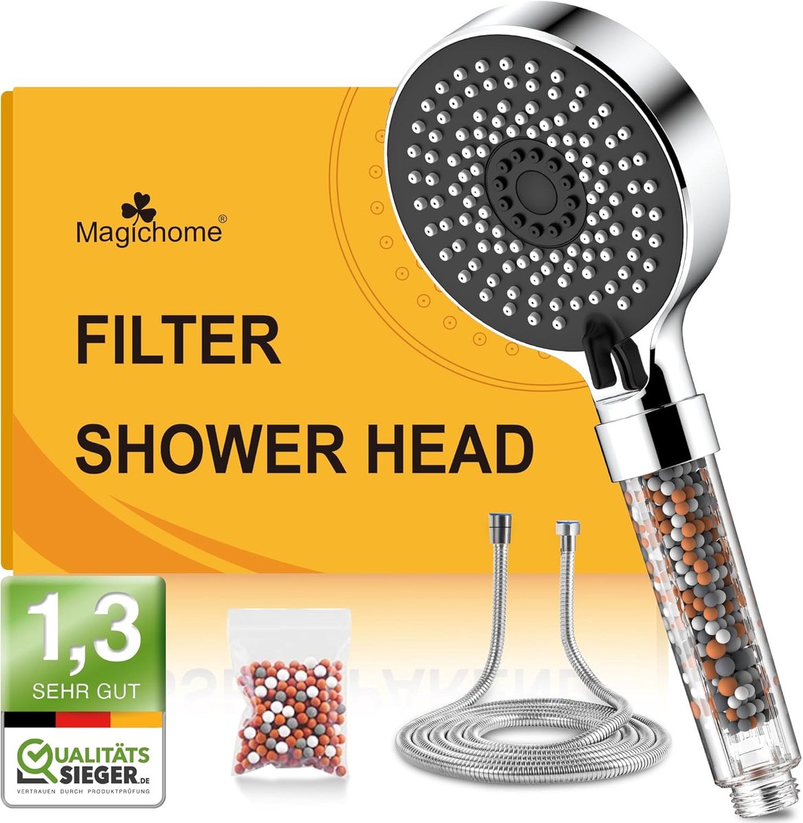 SnelShoppen - High Pressure Douchekop met 5 Stralen, Waterbesparende Verhoging, 3-Laags Filtratie en Mineralen Steentjes - Zwart