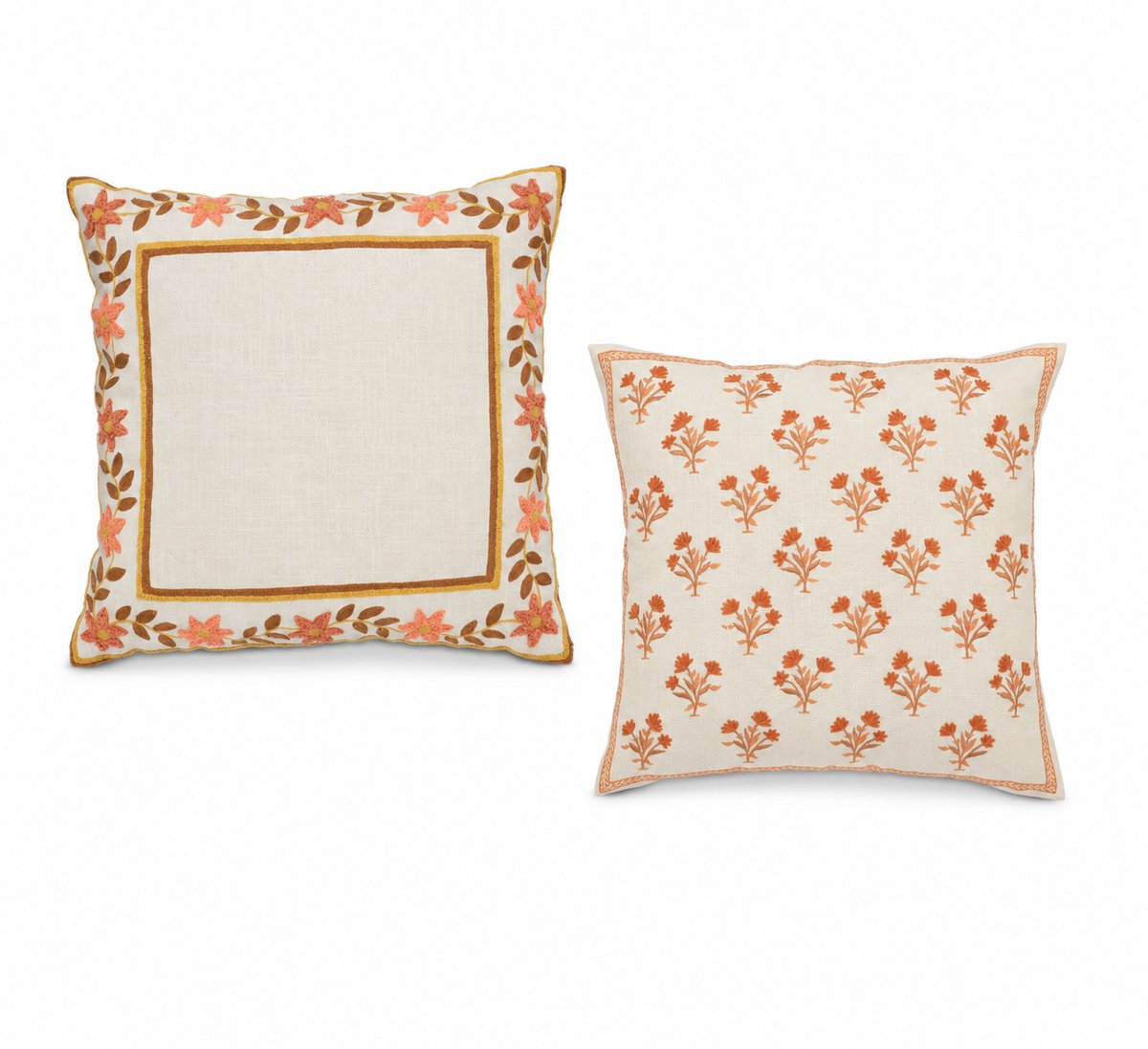 Urbane Hide | Set van 2 Geborduurde Kussenhoezen | 45x45 cm | Beige met Oranje Bloemen | Katoen & Acryl | Kussenhoesjes met rits | Zonder Binnenkussens