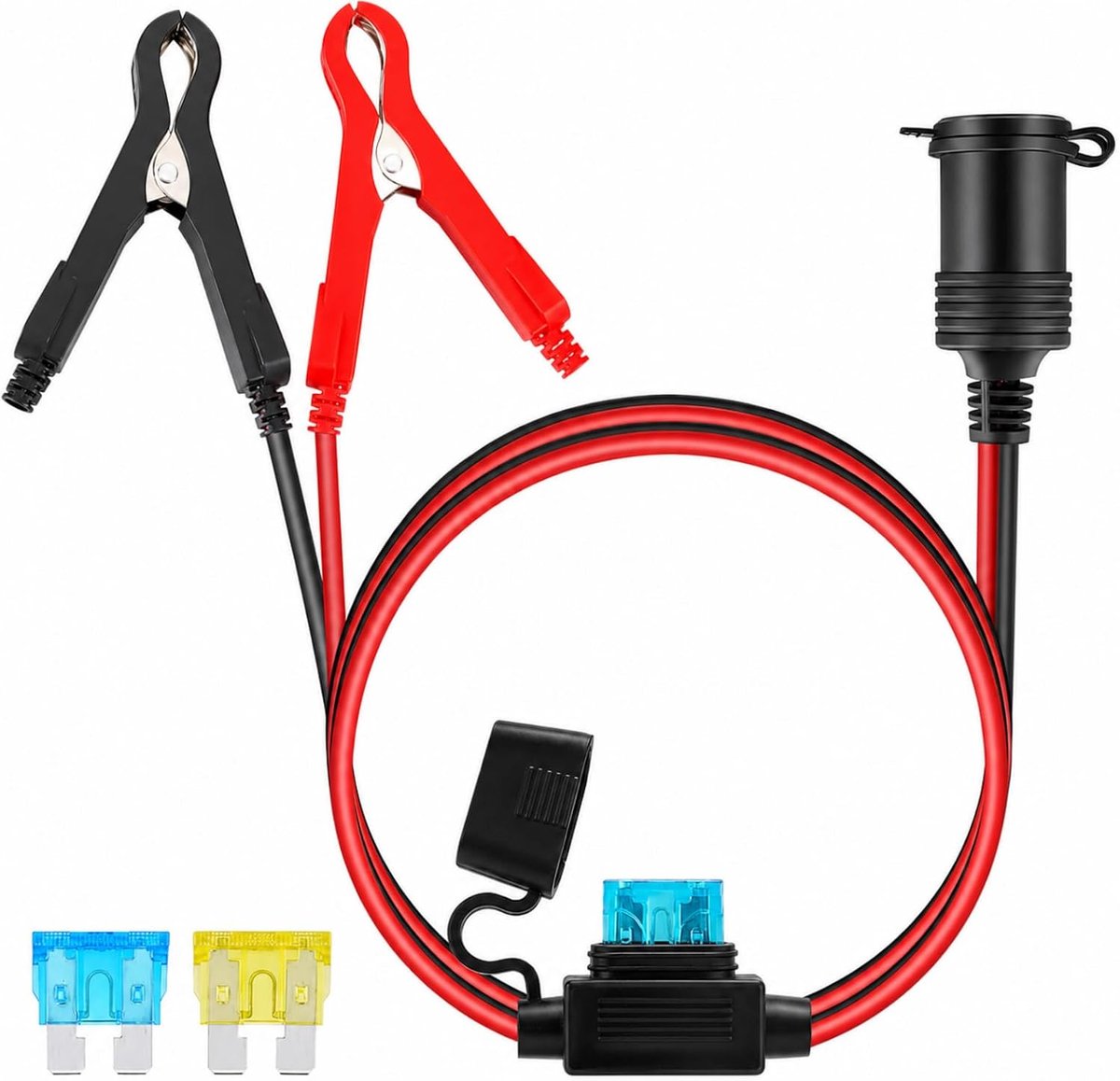 SnelShoppen - 12V Sigarettenaansteker Verlengkabel Auto Oplader Adapter met Accuklem Kabel 16AWG 15A Fuse Waterdicht voor Camping en Reis