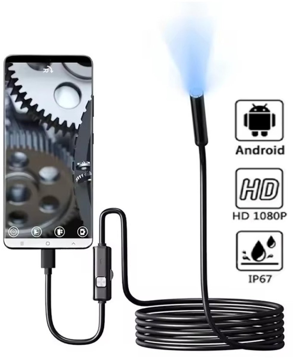 2 Meter Android Endoscoopcamera 7mm - Inspectiecamera - IP67 waterdicht - 6 verstelbare LED's - USB C aansluiting - Niet geschikt voor iPhone - Boresscoop voor telefoon
