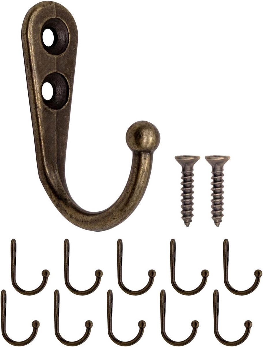 SnelShoppen - 10 x Antieke Wandhaken van Gietijzer, Vintage Metalen Haakjes in Bronzen Afwerking voor Jassen, Handdoeken en Keukenaccessoires