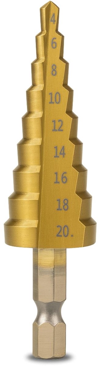 SnelShoppen - Conische Boor 4-20mm - Titanium Coated Staal - HEX Schacht 1/4 inch - Precisie Multi-Diameter Boormachine voor Metaal, Hout en Kunststof