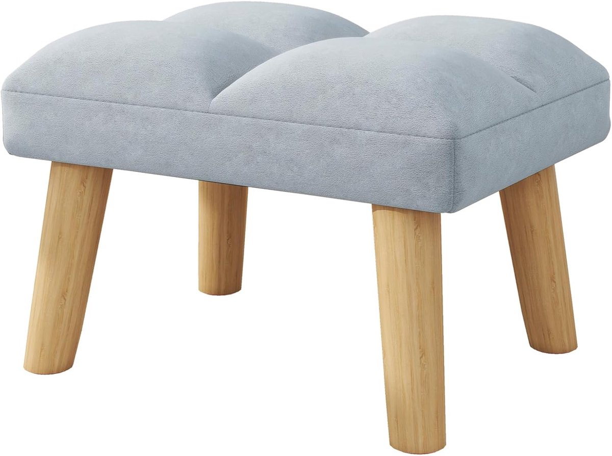 SnelShoppen - Velvet Footstool Stoel met Houten Poten - Moderne Poef voor Woonkamer en Slaapkamer - 40x30x27 cm Blauw - Multifunctionele Zithulp - Lux