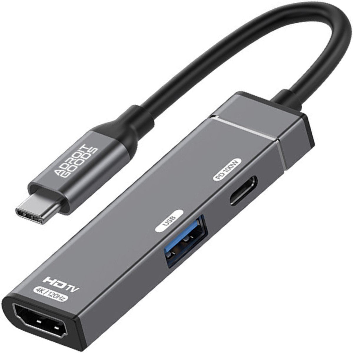 AdroitGoods USB-C Hub 3-in-1 - HDMI 4K 120Hz - USB-A - PD 100W Snelladen - Type-C Adapter - Laptop Tablet Smartphone - Compact Aluminium Design