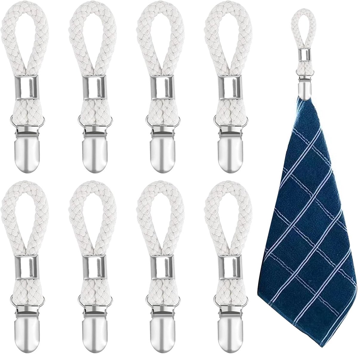 SnelShoppen - Towel Clips met Lussen, 8 Stuks Towel Clips voor Ophangen, Handdoek Haakjes, Badkamer Keuken Handdoek Klemmen, Wit