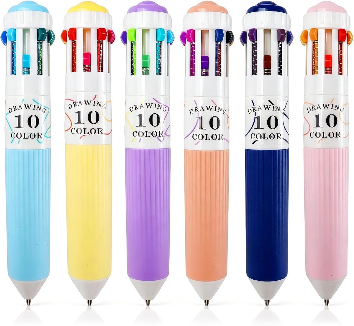 SnelShoppen - 6-delige Multicolour Balpen Set, 10-in-1 Uittrekbare Balpen, 0.8mm Kleurpen, 60 Kleuren, TPR Zachte Rubberen Huls, Comfortabele Handgree