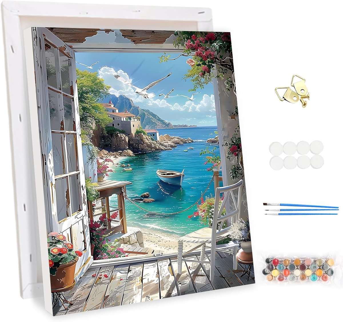 SnelShoppen - Paint by Numbers Kit voor Volwassenen met Frame - Landschap Zeezijde - DIY Canvas Schilderen voor Beginners - Boot - Acrylverf Set voor