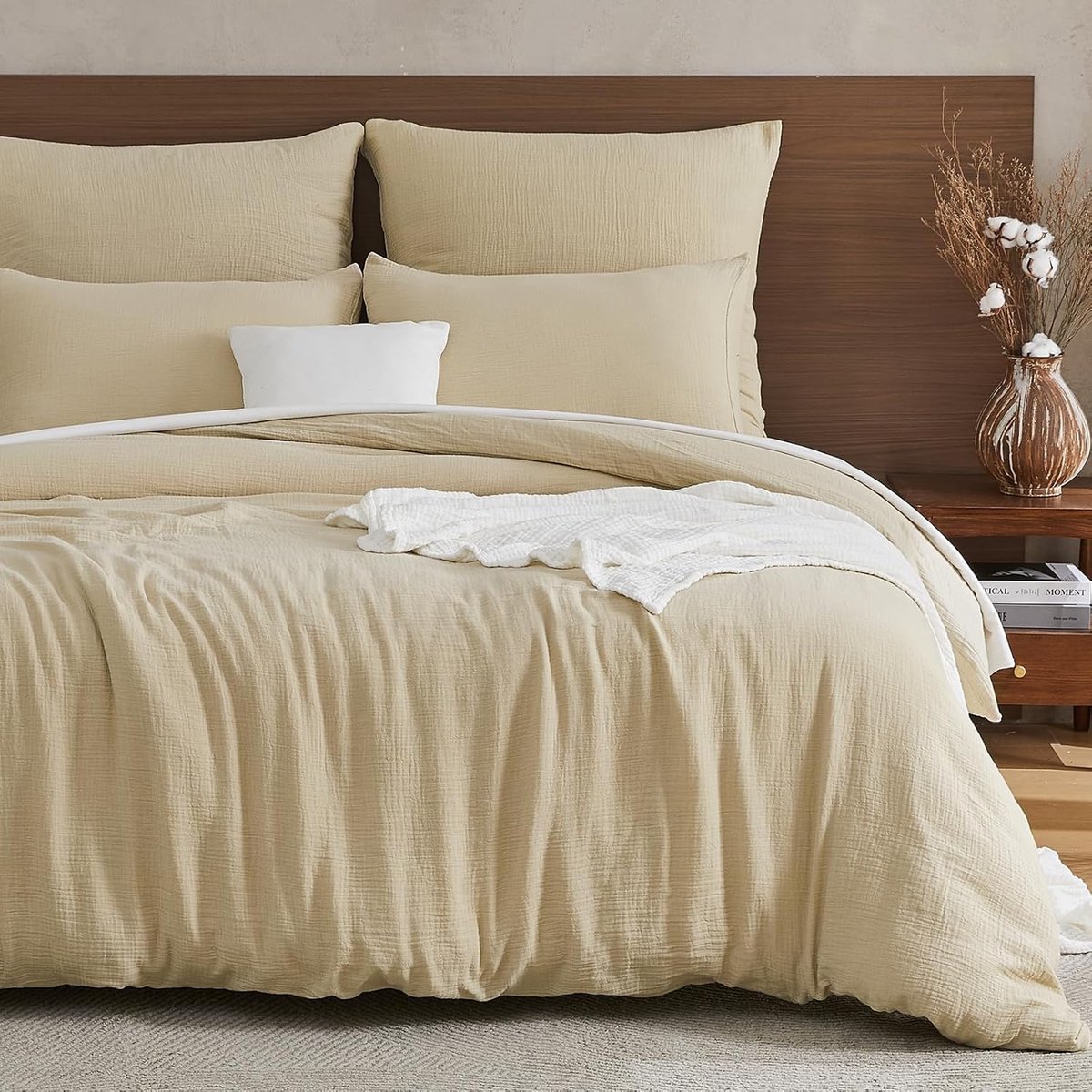 SnelShoppen - EMME Mousselin Bedlinnen 100% Katoen Zomer Dekbedovertrek 155 x 220 cm + Kussenhoes 80 x 80 cm Beige Oeko-Tex Kwaliteit voor Heerlijk Sl