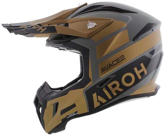 Casque tout-terrain doré mat et gris avec des accents noirs. Logos "AVACE2" et "AIROH".