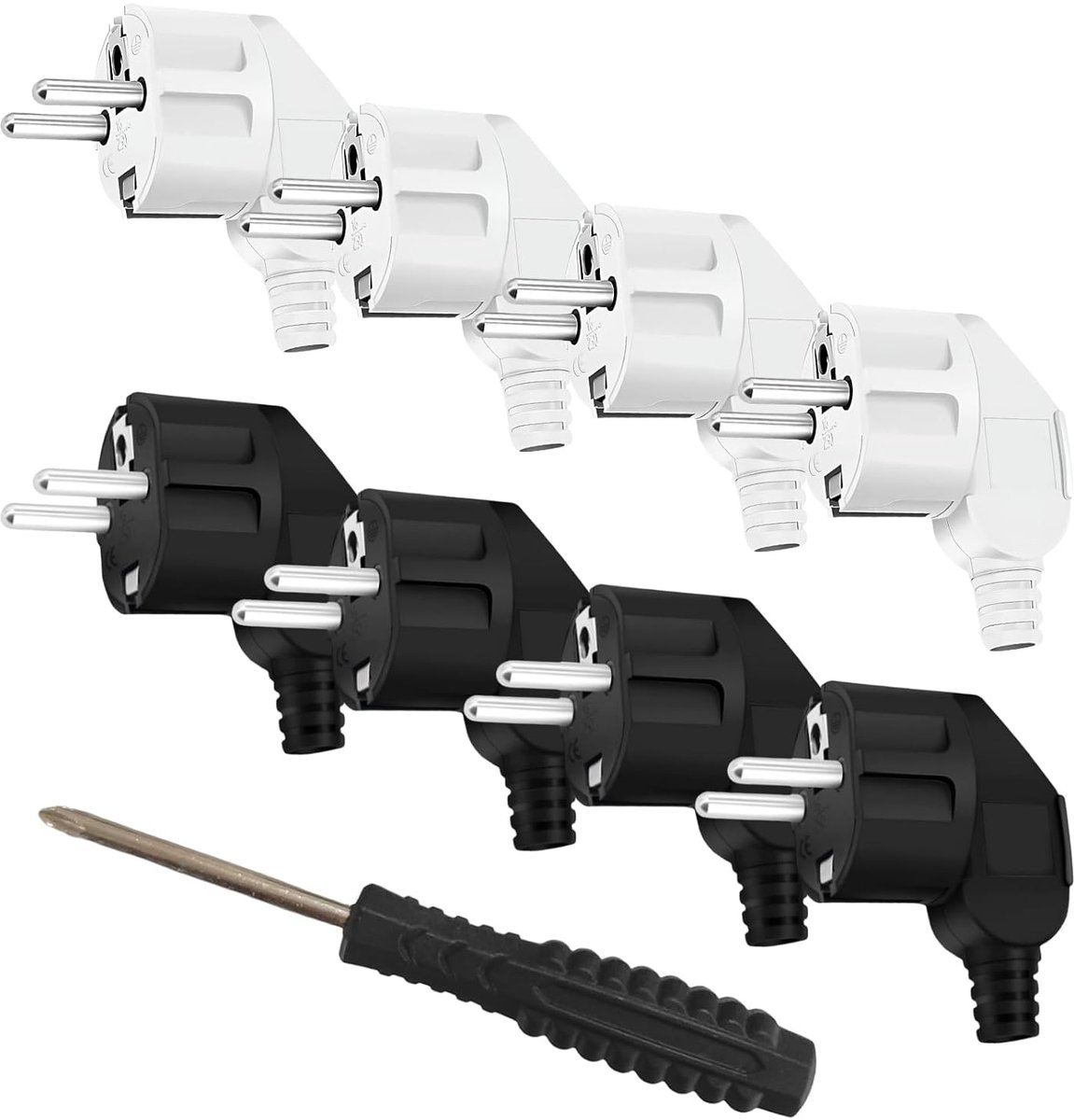 SnelShoppen - Schuko Plugs Set - Waterdichte Aardlekschakelaar 250V/16A voor Buiten, 4 Zwarte & 4 Witte Stekkers met Schroevendraaier - Ideaal voor Hu