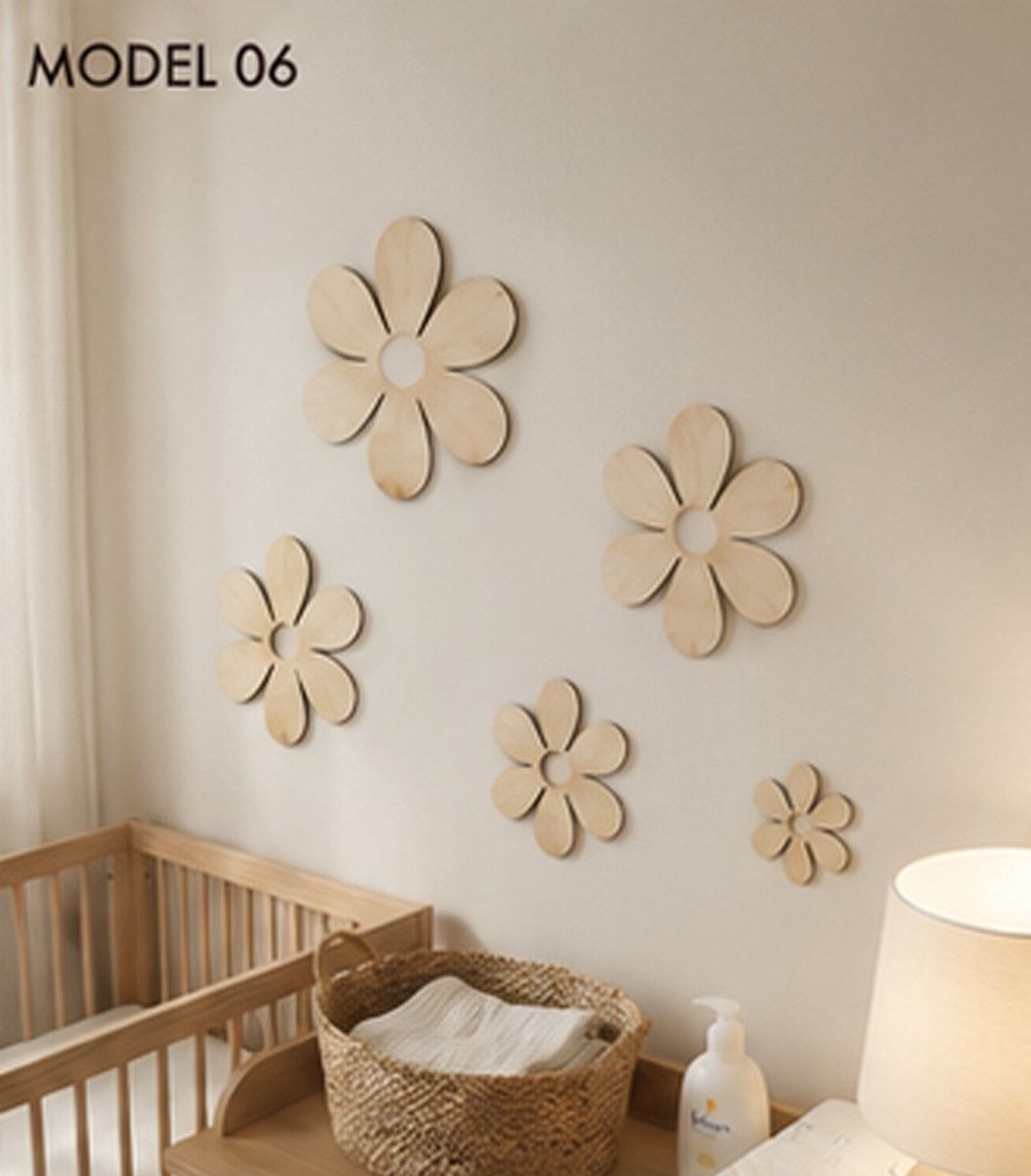 Houten Bloemen Wanddecoratie Babykamer – Set van 5 Madeliefjes – Scandinavische Kinderkamer Decoratie – Natuurlijk Berkenhout