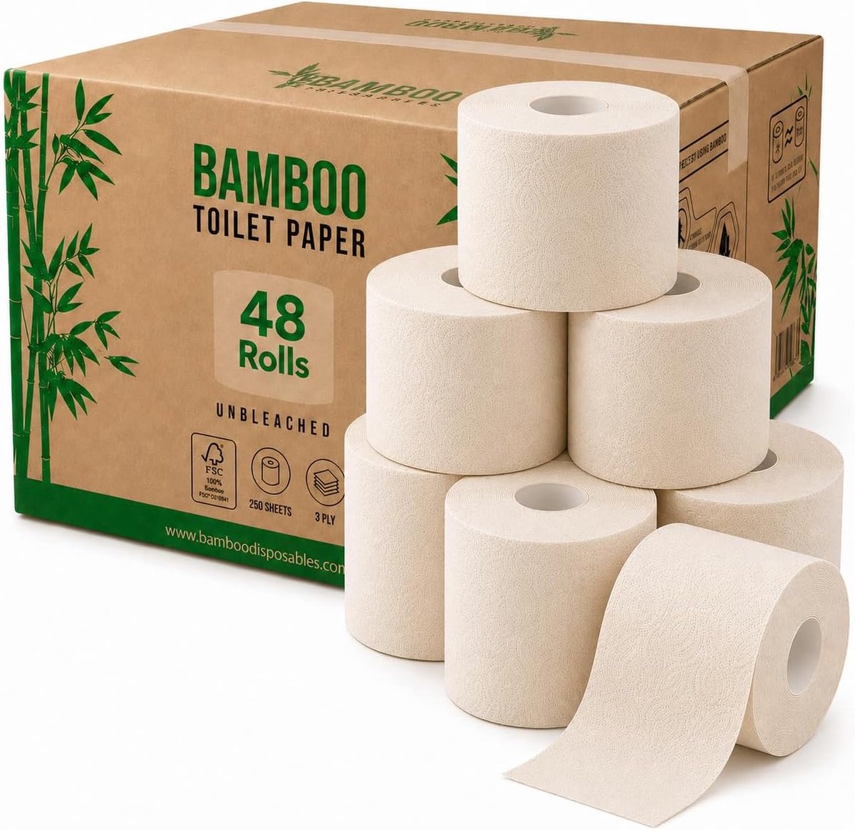 SnelShoppen - Bamboe Toiletpapier Ongebleekt 3-laags - 48 Rollen met 250 Vellen - FSC-gecertificeerd, Zacht en Stevig, Duurzaam en Plasticvrij, Perfec