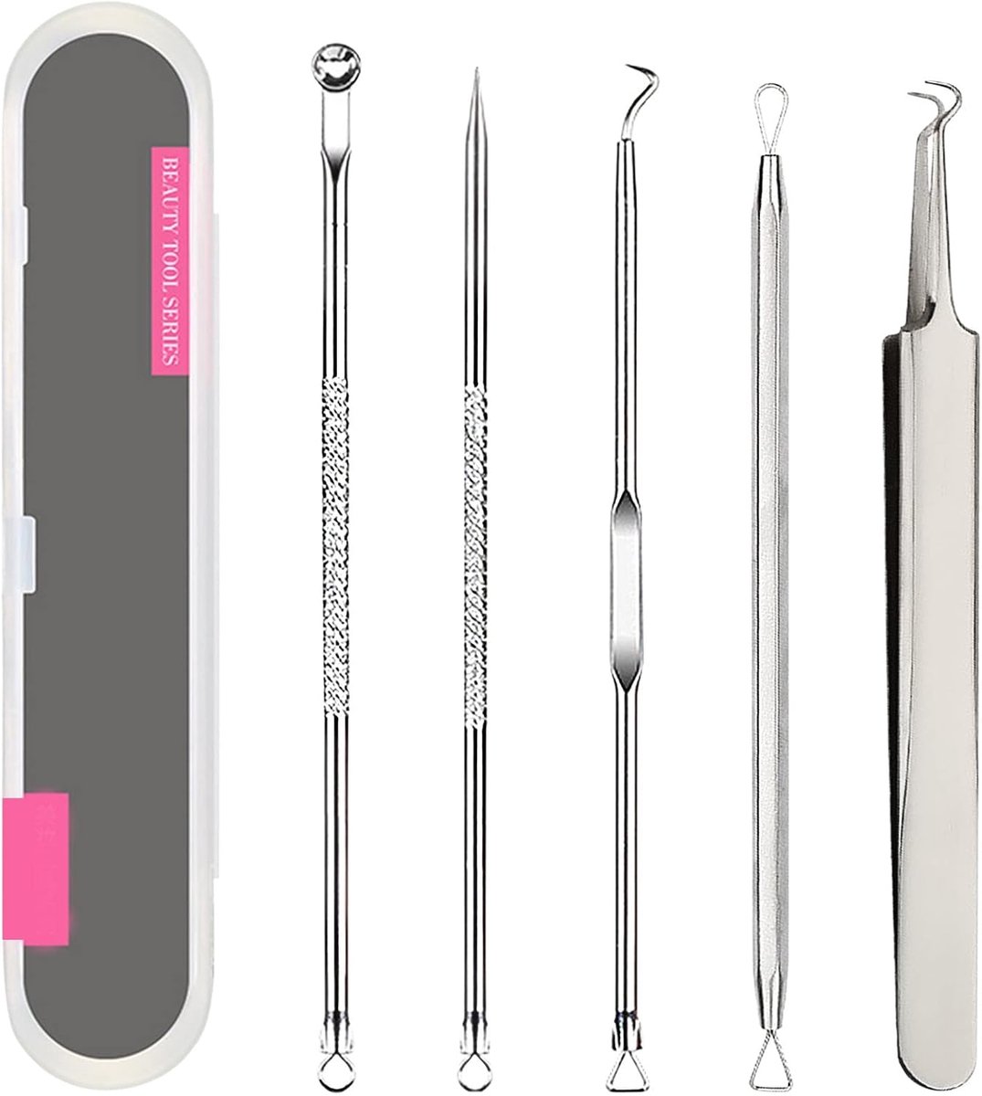 SnelShoppen - Blackhead Remover Set van 5 RVS Acne Verwijder Tools met Opbergetui voor Effectieve Behandeling van Mee-eters op Neus en Gezicht