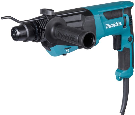 Makita combihamer in turquoise en zwart met een extra handvat en een diepteaanslag.