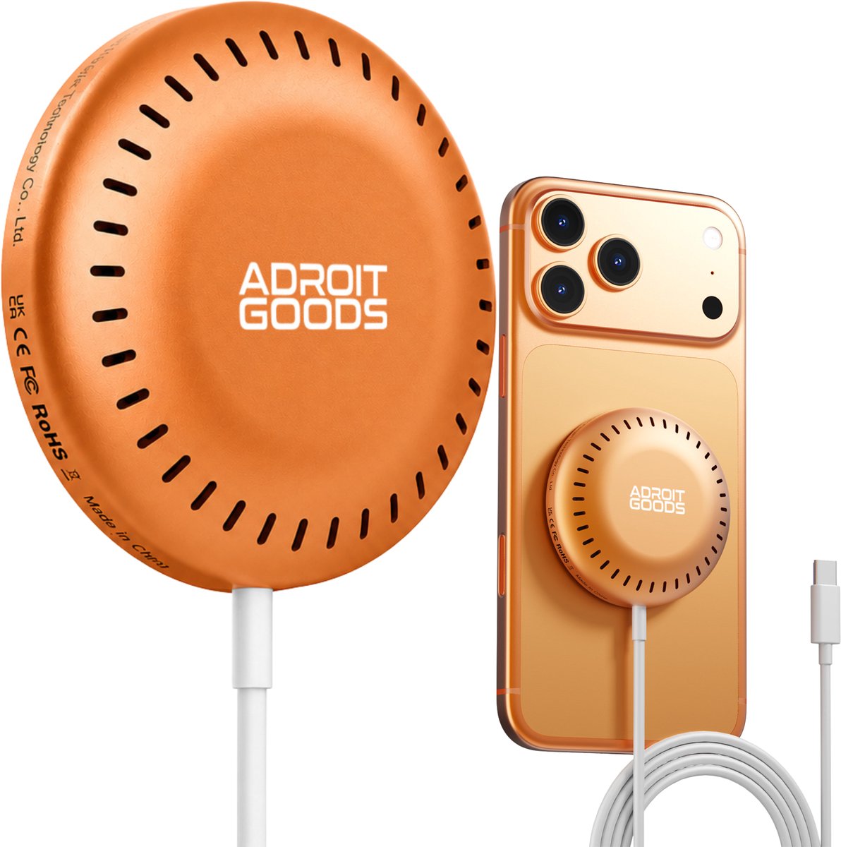 AdroitGoods 25W Draadloze Oplader Snellader geschikt voor MagSafe - USB-C Magnetische Charger geschikt voor iPhone & AirPods Fast Charge - Oranje