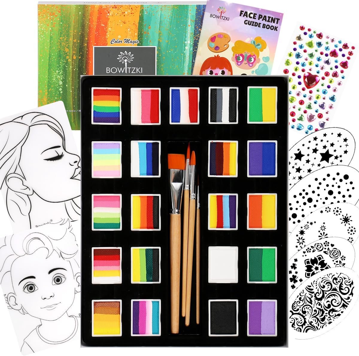 SnelShoppen - Professionele 21 Kleur Split Cake Gezichtsverf Set - Non-Toxisch, Hypoallergeen, 10g, Inclusief Stencils, Borstels & Handleiding - Ideaa