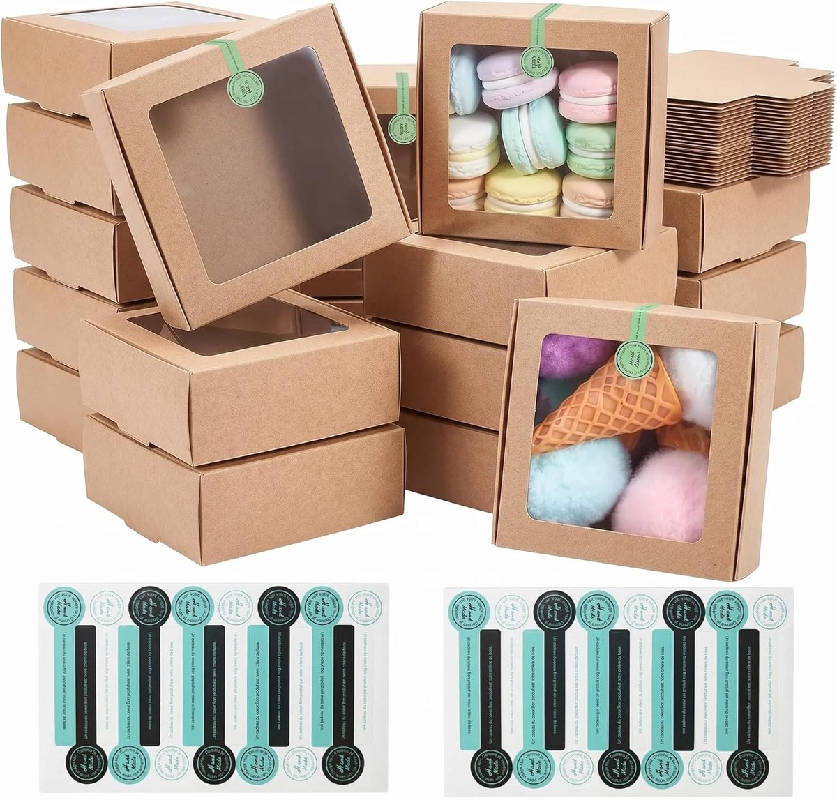 SnelShoppen - 24 Stuks Kraftpapierdozen met Doorzichtige Vensters voor Sieradenopslag (9.5 x 9.5 x 3.5 cm, Bruin) - Perfect voor Feesten en Cadeaus
