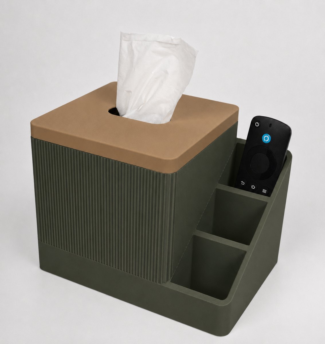 Tissuehouder met Organizer – Tissuedoos Houder met Opbergvakken en Afstandsbedieninghouder – Olijfgroen/Beige
