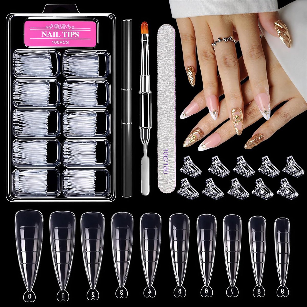 SnelShoppen - Double Nail Shapes Set 100 Pcs - Stiletto Tips voor Nagels, Dubbele Nageltips, Nagelverlenging met Dual End Nagelborstel, 10 Nageltips C