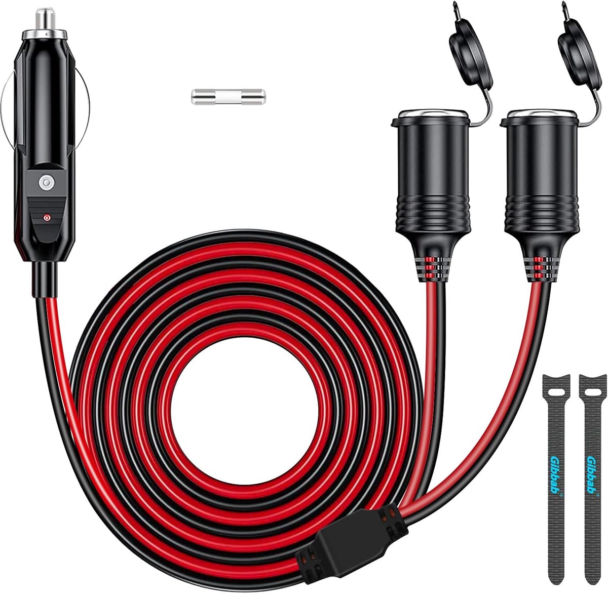 SnelShoppen - DC 12V/24V Lighter Distributor 1 naar 2, Oplaad Adapter met 3.3FT/1m Verlengkabel, Dubbele Socket 240W 16AWG (Inclusief 2 * 20A Zekering